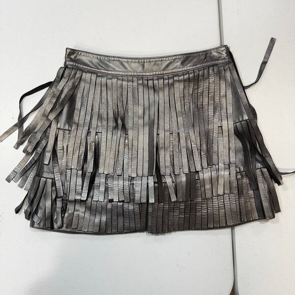 AllSaints Aisha Leather Fringe metallic mini Skirt Size 4 - Picture 2 of 9